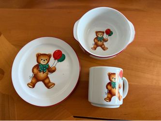 Reutter Porcelain Child Dish Set:  Cup, Plate, Bowl - Teddy Bear,  Balloons Vintage, West Germany