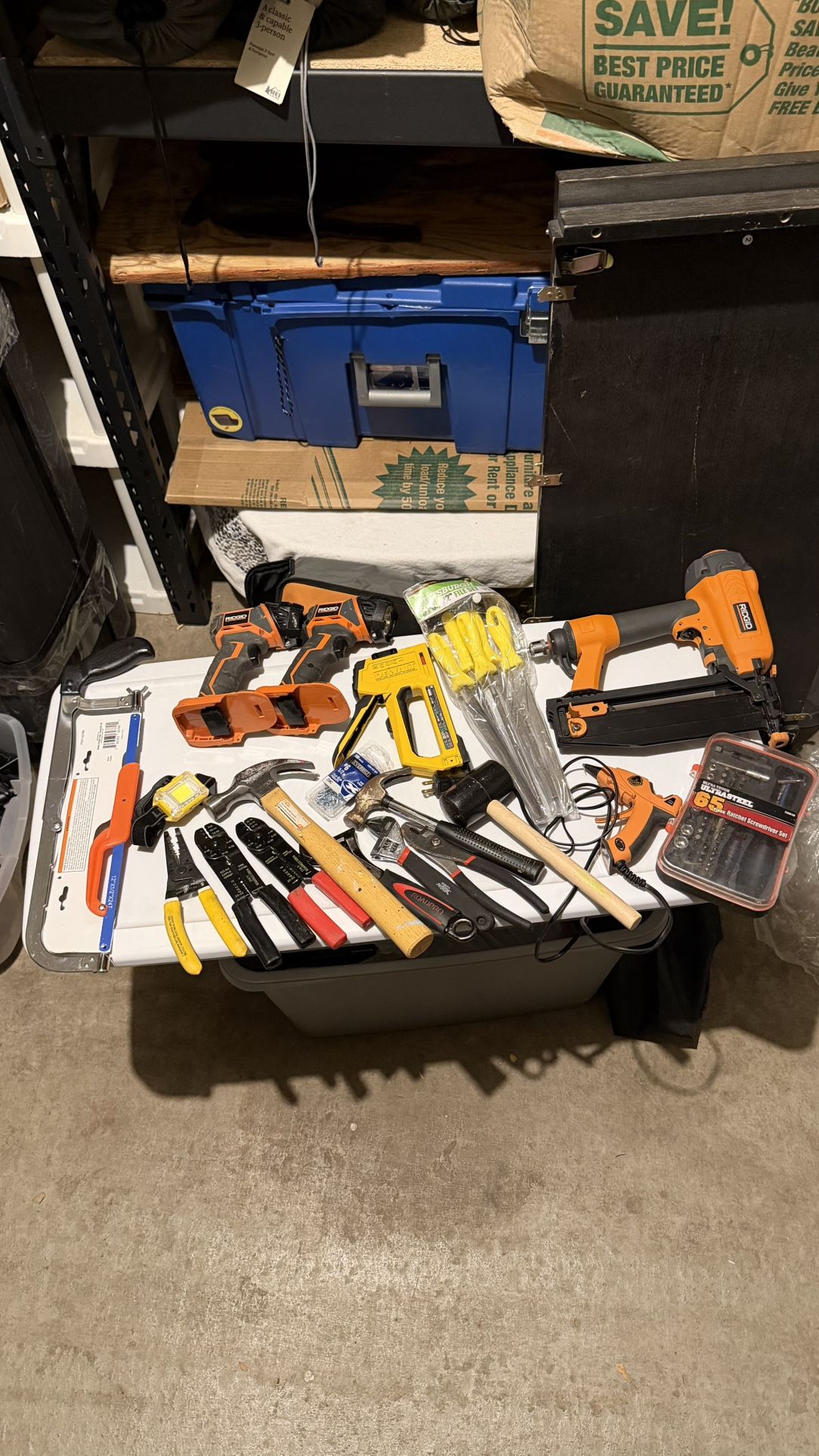 Ridgid & DeWalt Tool Lot – Nail Gun, Hand Tools, Stapler, Hammers & More