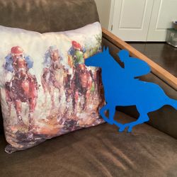 Kentucky Derby 14” throw pillow + Wood Jockey 16” L (SEE ALL PHOTOS)