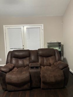 Brown Reclining Loveseat with Console