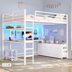 Full-Size Loft Bed With A U-Shaped Desk, 7-Drawer Storage Cabinets And 2-Tier Shelving, Built-In Charging Station And Rgb Led Lights, Heavy-Duty Metal
