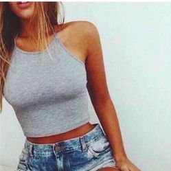 Crop Top Blouse Halter Neck Gray 