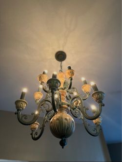 Vintage Italian Wrought Iron and Wood Chandelier
