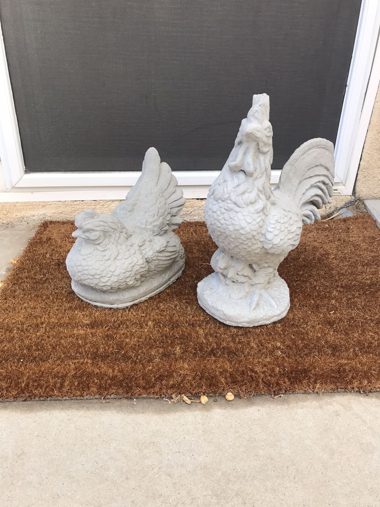 New Rooster And Chicken Made Out Of Cement 15in X13in