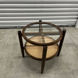 🪵 Rattan + Walnut Boho End Table w/ Glass Top – $60 OBO