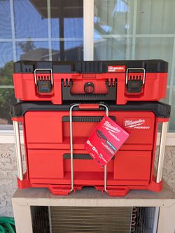 Milwaukee 2 drawer packout with dividers and  16" portable modular case with customizable insert brand new never used Hablo español