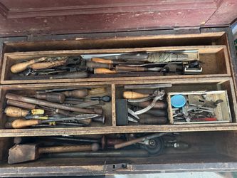 Antique Wooden Toolbox with Hand Tools