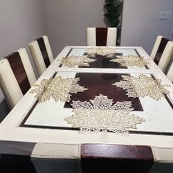 Sofia Vergara Savona ivory rectangle dining room set with Glass top and upholstered chairs