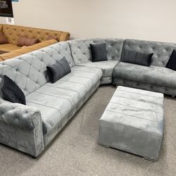 Grey Velvet Living Room Sectional - Delivery And Financing Available 