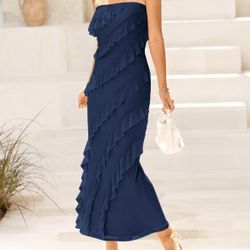 Women Elegant Strapless Midi Ruched Bodycon Dress Solid Color Stretch Mesh Slim Party Cocktail Dresses