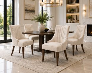 Set of 4 Luxury Upholstered Dining Chairs | High Back Linen Accent Chairs | Solid Wood Legs | Beige