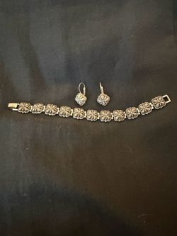 Vintage Brighton Silver Clover Flower Link Bracelet & Earring Set - Retired