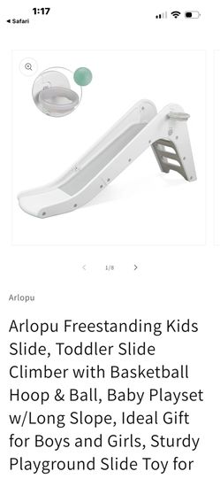 Arlopu Freestanding Kids Slide, Toddler Slide Climber with Basketball Hoop & Ball, Baby Playset w/Long Slope