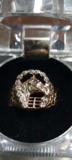 New 10k Ring Size 10 yellow Gold with Natural Diamonds Horse with Horse Shoe in pen with Diamonds