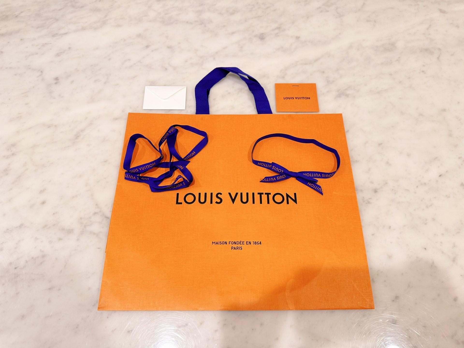 Authentic Louis Vuitton Gift Bag Shopping Box Blue Ribbon Notecard for Christmas or Birthday Presents