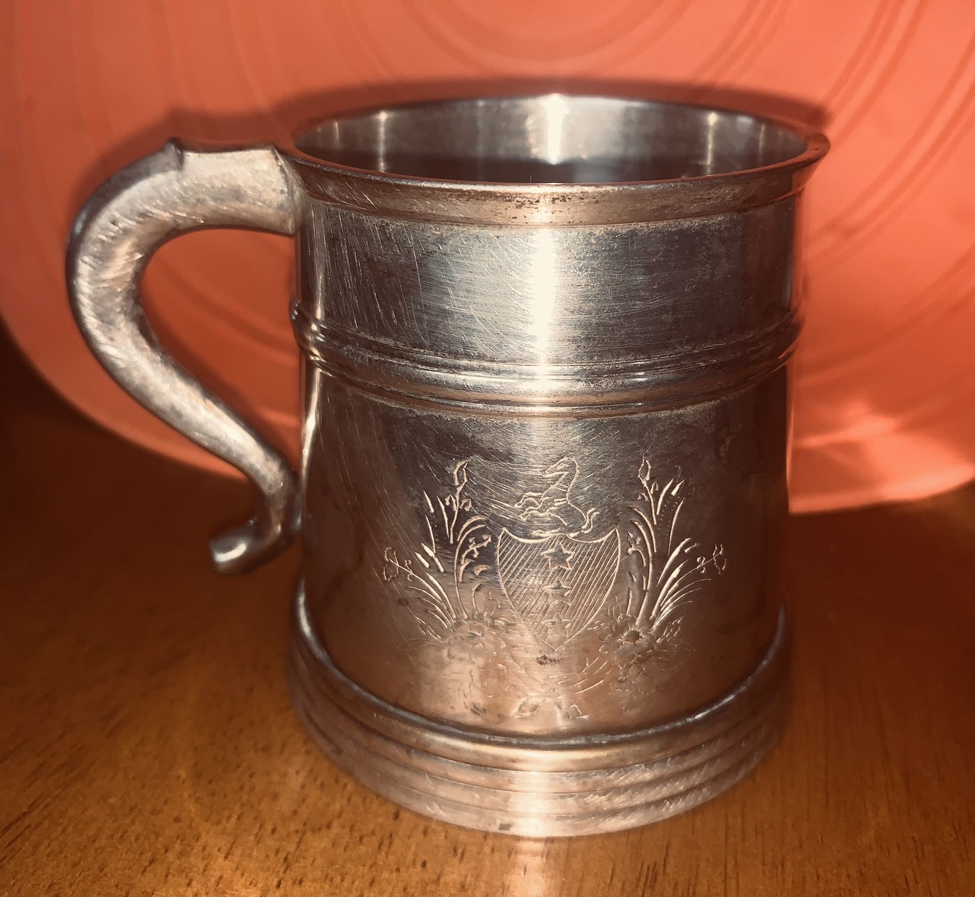 ANTIQUE SILVER ENGLISH GLASS BOTTOM TANKARD ETCHED ROYAL CREST HALLMARKED w/ STAMPED CASTLE & AS