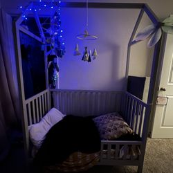 Gray House Bed / Crib – Montessori Style + Crib Side Included