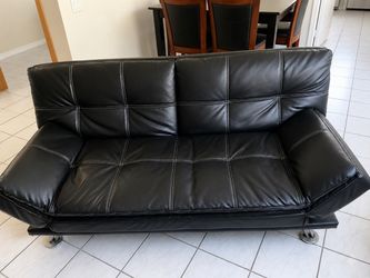 NEED GONE TODAY Sleek Black Leather Futon Sofa / Convertible Bed – Mint Condition!