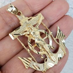 Big real 10k gold Jesus crucifix Anchor pendant charm necklace mariner 2 inch