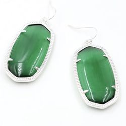 large 14k White Gold plated Green hexagon oval dangle statement earrings