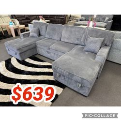 Corduroy double chaise sectional sleeper sofa with pull out bed  // Super Sale !