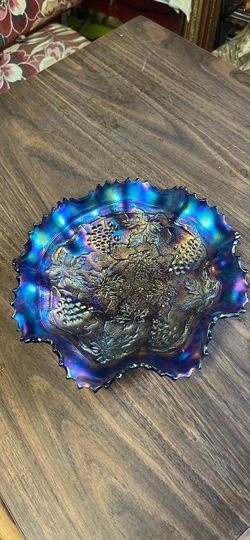 Carnival Glass Bowl Grape Pattern Ruffled Edge