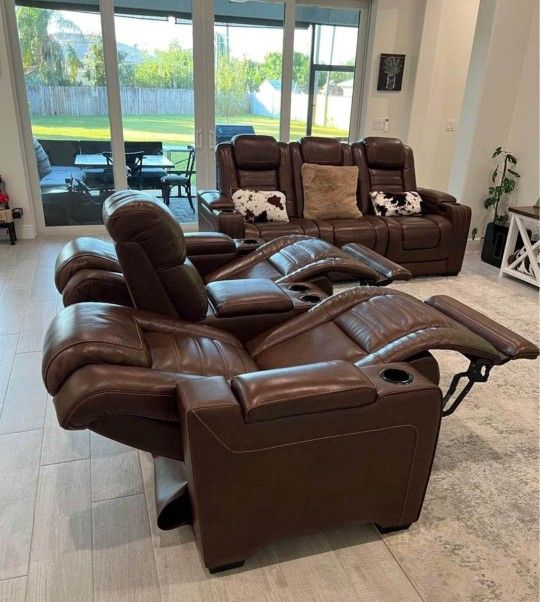 Brand New Home Theater Seating Backtrack Brown Power Reclining Sofa And Loveseat 