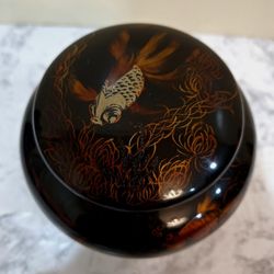 ANTIQUE WOODEN LACQUERWARE BLACK GOLDFISH KOI CENSER COVERED JAR BOWL TEA 
