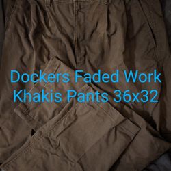 Mens Dockers Dark Blue Pants Khakis 36x32, Faded, Good For Work. Adjustable Waist, Pleated Front, Belt Loops, 100% Cotton, 4 Pockets.
