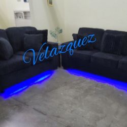 ✅️✅️2 pc black chenille fabric sofa and love seat set with square arms LED lighting✅️