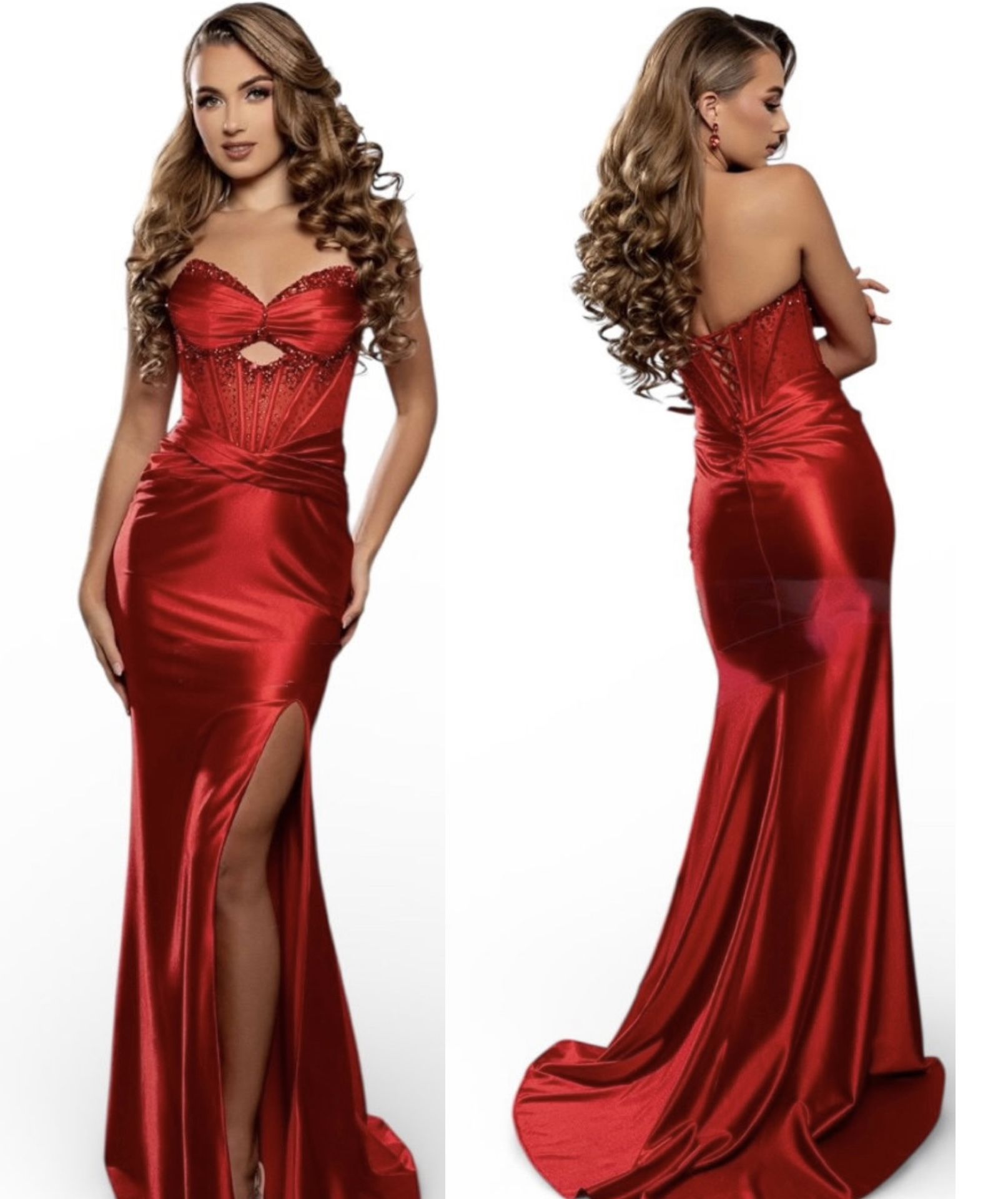 New With Tags Satin Strapless Corset Cut Out Bodice Long Formal Dress & Prom Dress $220