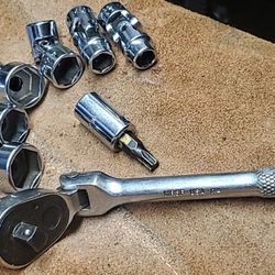 Mac Tools 1/4'Drive Ratchet And 6 Point Swivel Sockets 14mm 13mm 12mm 11mm 8mm 6mm And T27