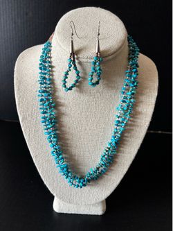 Vintage Native American Turquoise 2 Strand Necklace and Matching Drop Loop Earrings