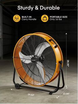 FOHERE 24 nch High Velocity Industrial Drum Fan, 8500 CFM Heavy Duty Metal Floor Fan with Wheels, 360° Tilt 3-Speed Shop Fan, Portable Barn Fan with W