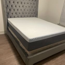 Queen Grey Upholstered, Bedframe And Mattress & Boxspring
