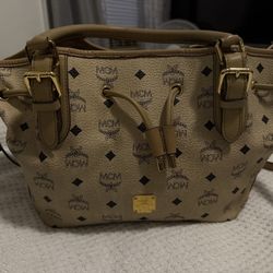 MCM Visetos Drawstring Shopper In Beige With Gold Hardware 
