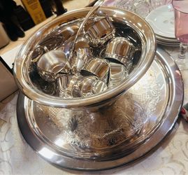 Silver punch bowl 12 cups label and platter (filled)