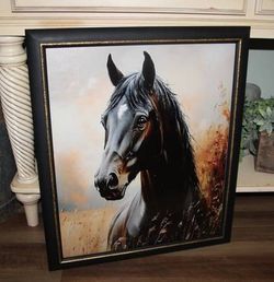 Large Dark Moody Farmhouse Horse Wall Decor in Black & Gold Frame