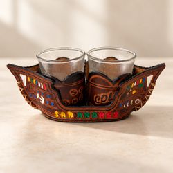 Colombia San Andres Chiva Style Shot Glass Set of 2 with Decorative Holder