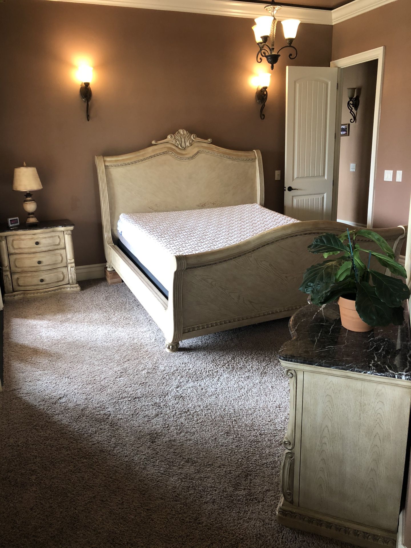 Cal King bed, bedroom set, 2 marble-top nightstands, matching mirror. Solid wood, sturdy, nicely built frame. Mattress not included.