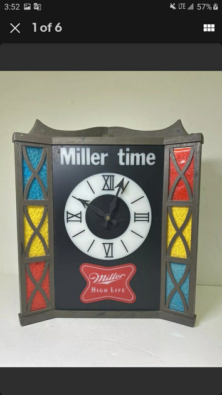 Vintage '60s or '70s Miller Time Electric Advertising Clock With Faux Stained Glass Side Panels. Excellent Working Condition