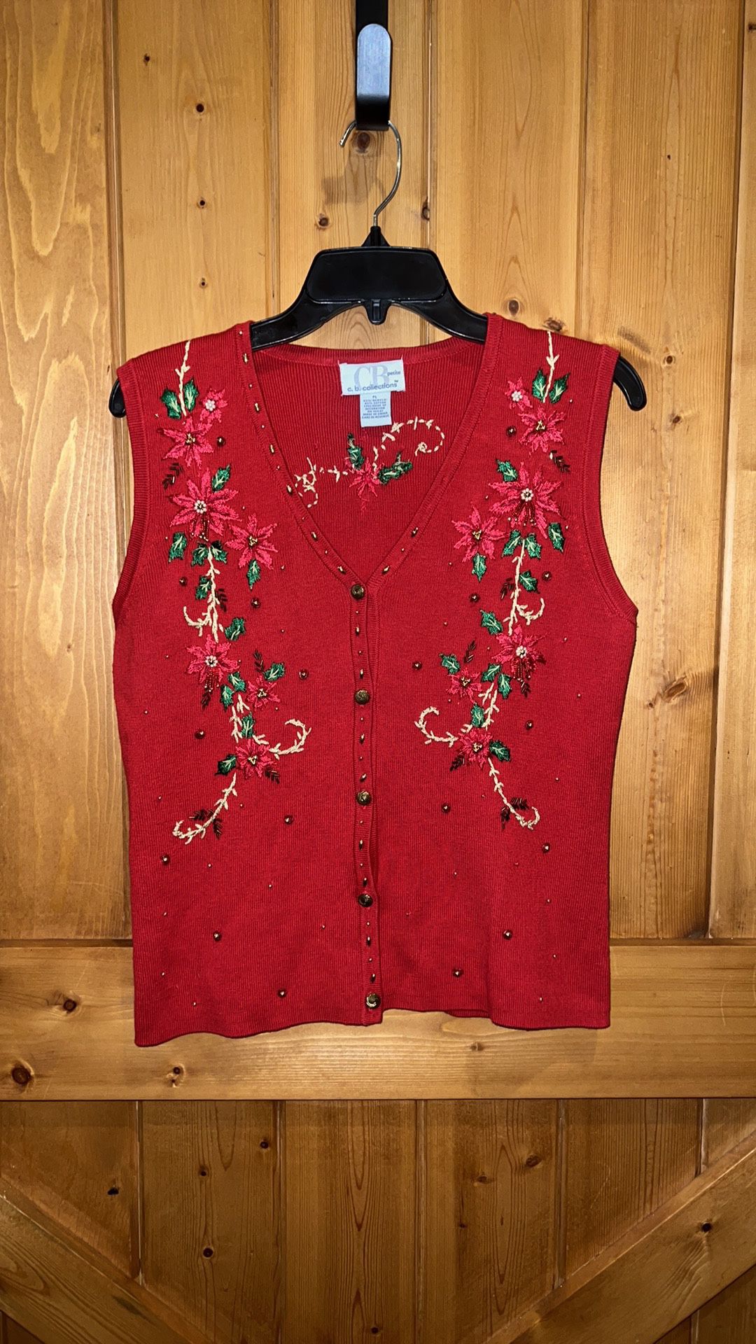 Vintage Christmas Red Sweater Vest C.B. Petites Collections Embroidered Size PL