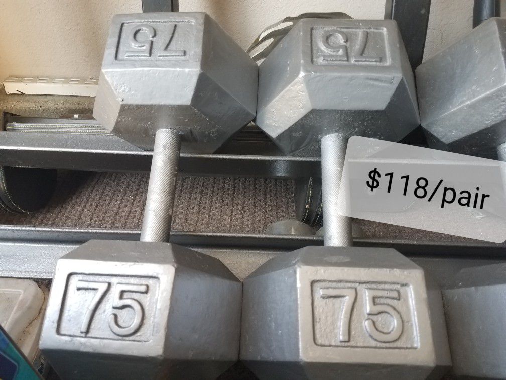 75, 80, 90 lb hex iron dumbbells. Prices on picts
