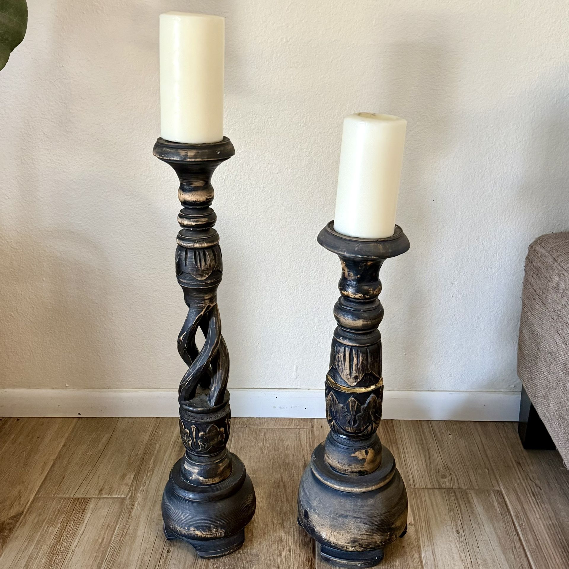 Hand Carved Wooden Pillar Candle Holders