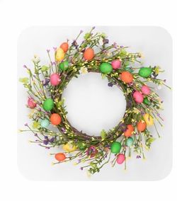 New! 20" Easter Wreaths for Front Door, Spring Wreath with Artificial Flowers and Eggs, Easter Wreath with Berries and Green, Easter Decorations for H