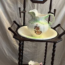 Antique Washstand with Mirror And Bowl & Pitchers