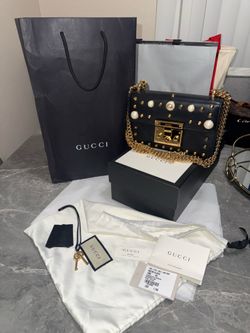 Authentic Gucci Pearl Padlock Shoulder Bag Black and Gold