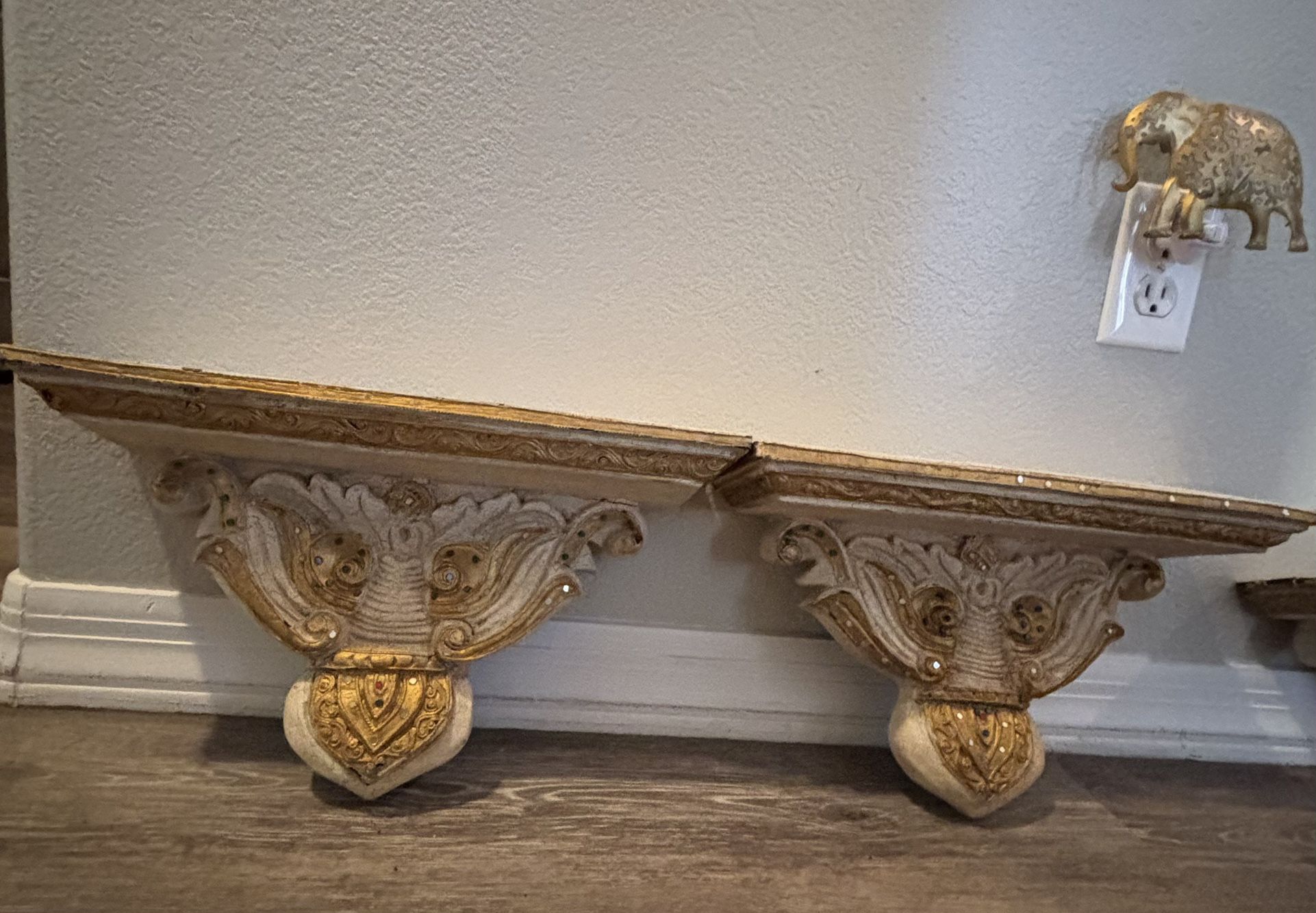 2 Sets Of Ornate Off-White & Gold Wall Shelves