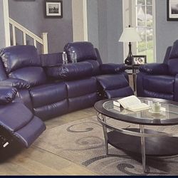 Blue Leather Fully Reclining Three Piece Couch Set 
