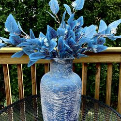 Large Texture Blue Vase With Flowers 15” Tall Handmade